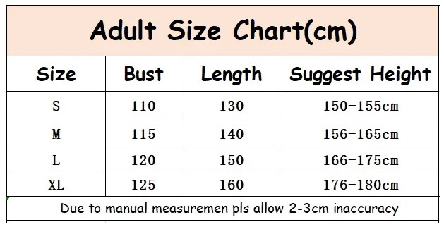 Pikachu Onesie for adults size chart