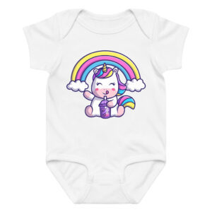 Rainbow Unicorn Baby Onesie with Boba Drink Print