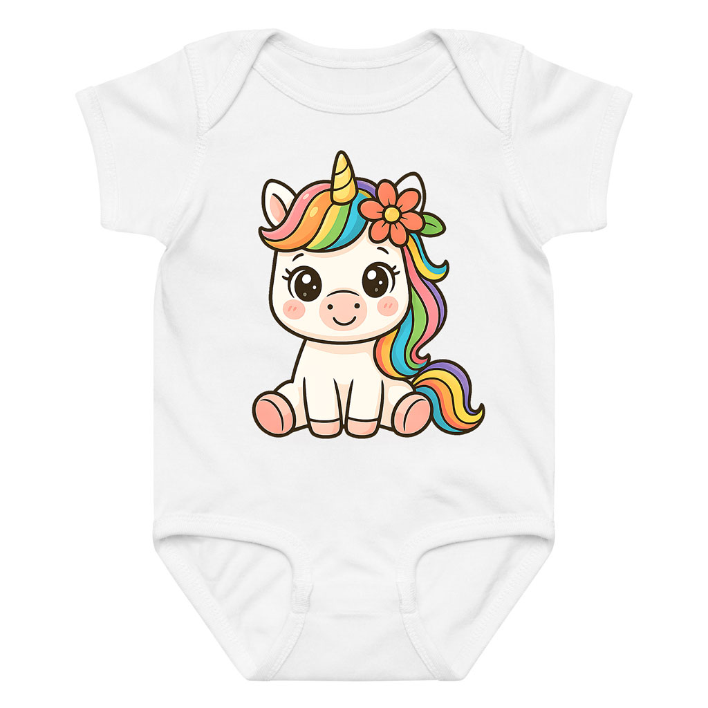 Rainbow Unicorn Baby Onesie with Flower Accent 0-24M 10 Rainbow Unicorn Baby Onesie with Flower Accent